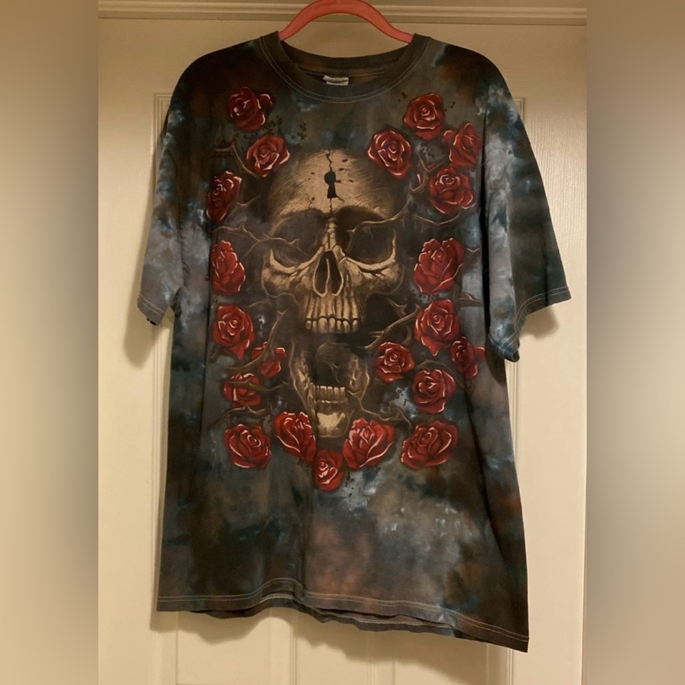 Skull Roses Tie Dye Grunge Graphic Print T-Shirt